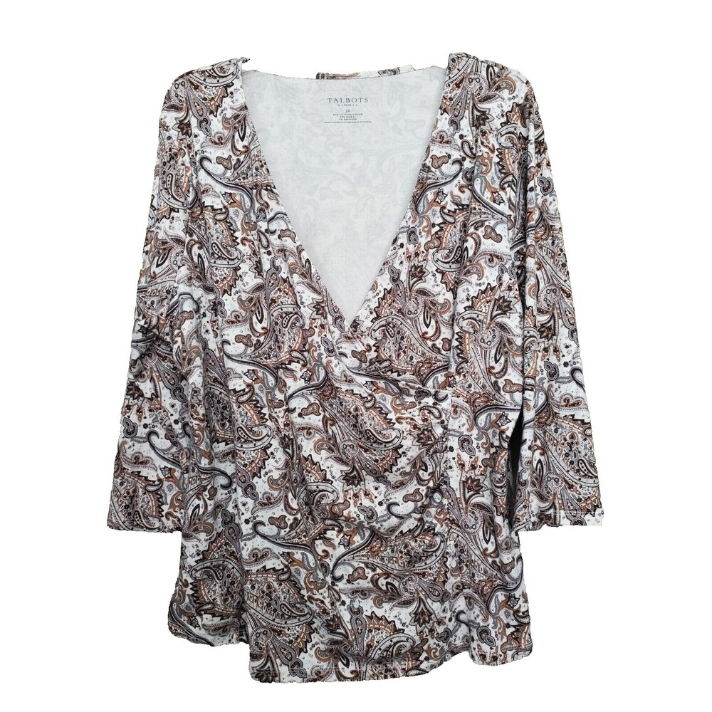 Talbots Plus Brown Paisley Cotton Blend Faux Wrap Top Size 2X
